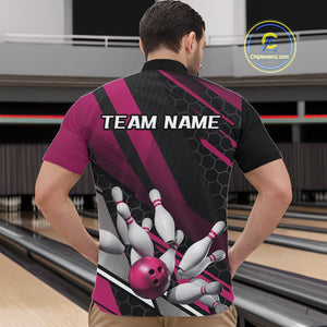 Custom Black And Pink Bowling Team Jerseys, Striking Bowling League Quarter-Zip Shirt For Men IPHW9810