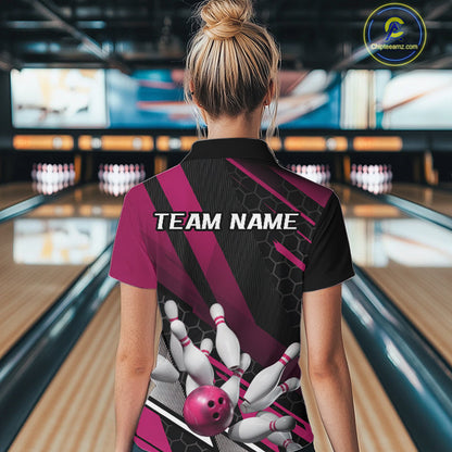 Custom Pink Bowling Team Jerseys, Striking Bowling League Quarter-Zip Shirt For Women IPHW9810
