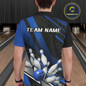 Custom Black And Blue Bowling Team Jerseys, Striking Bowling League Polo Shirt For Men IPHW9811