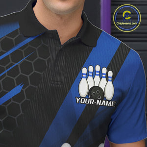 Custom Black And Blue Bowling Team Jerseys, Striking Bowling League Polo Shirt For Men IPHW9811