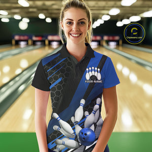 Custom Black And Blue Bowling Team Jerseys, Striking Bowling League Polo Shirt For Women IPHW9811