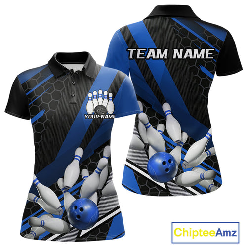 Custom Black And Blue Bowling Team Jerseys, Striking Bowling League Polo Shirt For Women IPHW9811