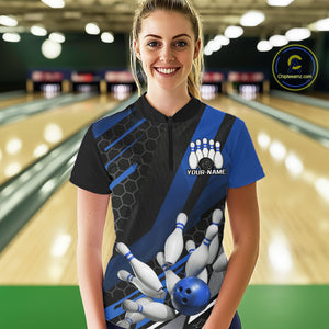 Custom Blue Bowling Team Jerseys, Striking Bowling League Quarter-Zip Shirt For Women IPHW9811