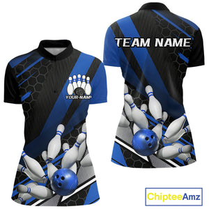 Custom Blue Bowling Team Jerseys, Striking Bowling League Quarter-Zip Shirt For Women IPHW9811