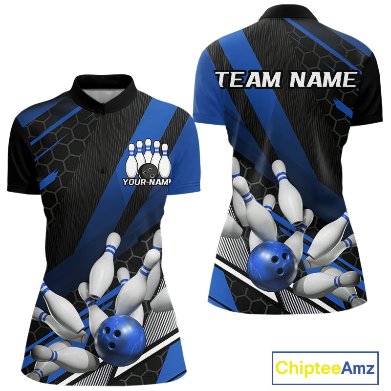 Custom Blue Bowling Team Jerseys, Striking Bowling League Quarter-Zip Shirt For Women IPHW9811
