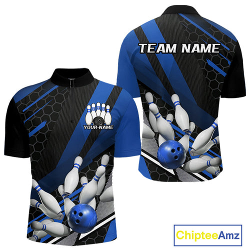Custom Black And Blue Bowling Team Jerseys, Striking Bowling League Quarter-Zip Shirt For Men IPHW9811