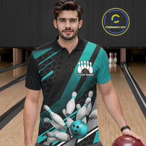 Custom Black And Turquoise Blue Bowling Team Jersey, Striking Bowling League Men Polo Shirt IPHW9812