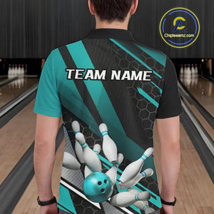 Custom Black And Turquoise Blue Bowling Team Jersey, Striking Bowling League Men Polo Shirt IPHW9812