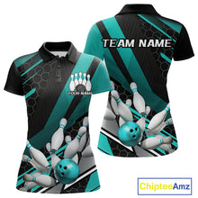 Load image into Gallery viewer, Custom Black And Turquoise Blue Bowling Team Jersey, Bowling League Women Polo Shirt IPHW9812