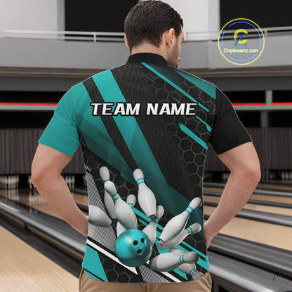 Custom Black And Turquoise Blue Bowling Team Jersey, Bowling League Men Quarter-Zip Shirt IPHW9812