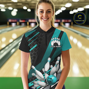 Custom Turquoise Blue Bowling Team Jersey, Bowling League Women Quarter-Zip Shirt IPHW9812