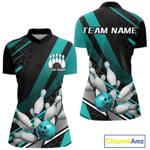 Custom Turquoise Blue Bowling Team Jersey, Bowling League Women Quarter-Zip Shirt IPHW9812