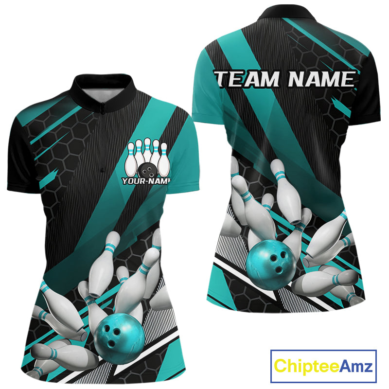 Custom Turquoise Blue Bowling Team Jersey, Bowling League Women Quarter-Zip Shirt IPHW9812