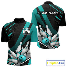 Load image into Gallery viewer, Custom Black And Turquoise Blue Bowling Team Jersey, Bowling League Men Quarter-Zip Shirt IPHW9812