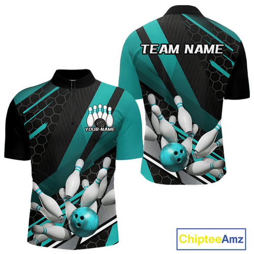 Custom Black And Turquoise Blue Bowling Team Jersey, Bowling League Men Quarter-Zip Shirt IPHW9812