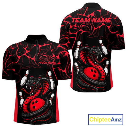 Custom Black And Red Cobra Snake Bowling Jerseys, Bowling Team Men Quarter-Zip Shirts IPHW9813