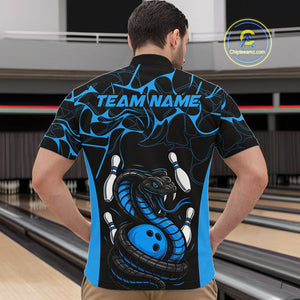 Custom Black And Blue Cobra Snake Bowling Jerseys, Bowling Team Men Quarter-Zip Shirts IPHW9814