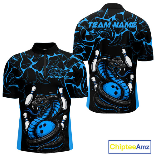 Custom Black And Blue Cobra Snake Bowling Jerseys, Bowling Team Men Quarter-Zip Shirts IPHW9814