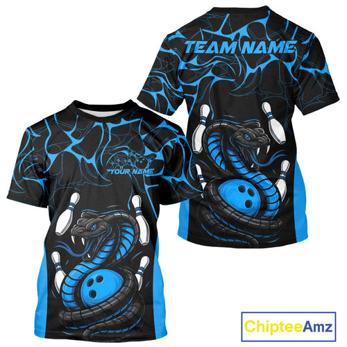 Custom Black And Blue Cobra Snake Bowling Jerseys, Bowling Team Men T-Shirts IPHW9814