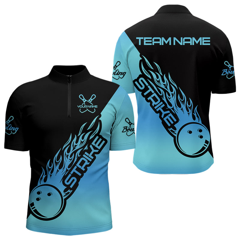 Black And Blue Custom Strike Bowling Quarter-Zip Shirts For Men, Bowling Team Shirt Bowler Outfit IPHW8822