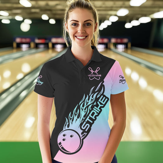 Blue And Pink Custom Strike Bowling Polo Shirts For Women, Bowling Team Shirt Bowler Outfit IPHW8823