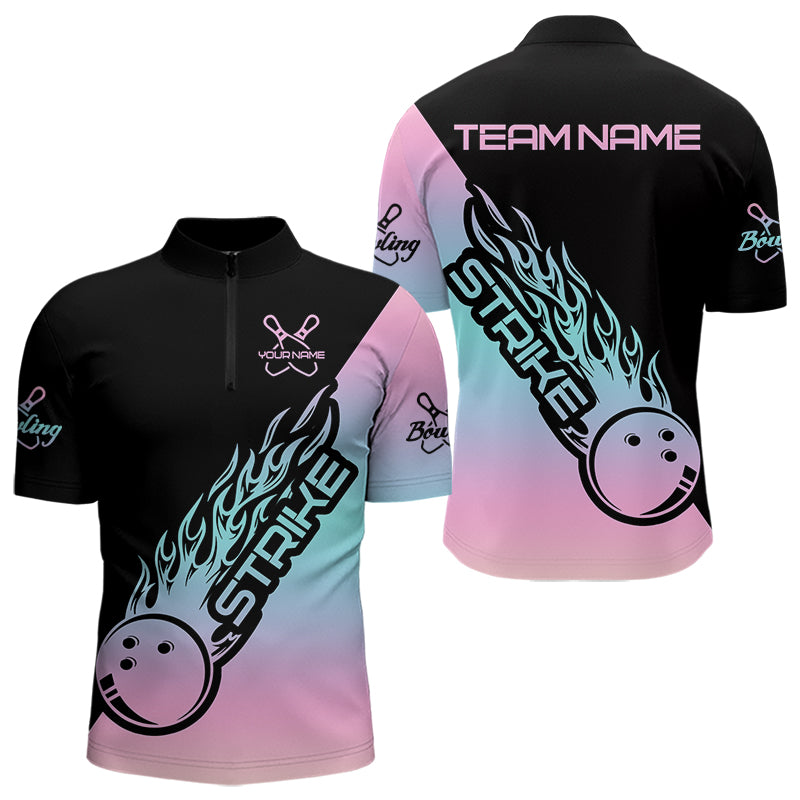 Blue And Pink Custom Strike Bowling Quarter-Zip Shirts For Men, Bowling Team Shirt Bowler Outfit IPHW8823
