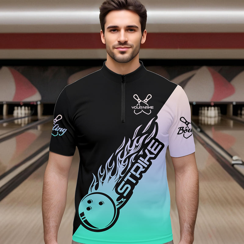 Green And Purple Custom Strike Bowling Quarter-Zip Shirts For Men, Bowling Team Shirt Bowler Outfit IPHW8824