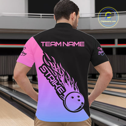 Blue, Purple And Pink Custom Strike Bowling Men Quarter-Zip Shirt, Bowling Team Shirt Bowler Outfit IPHW8826