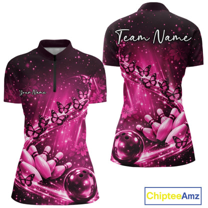 Custom Pink Butterfly Bowling Women Quarter-Zip Team Shirt, Ladies Bowling League Shirt IPHW10901