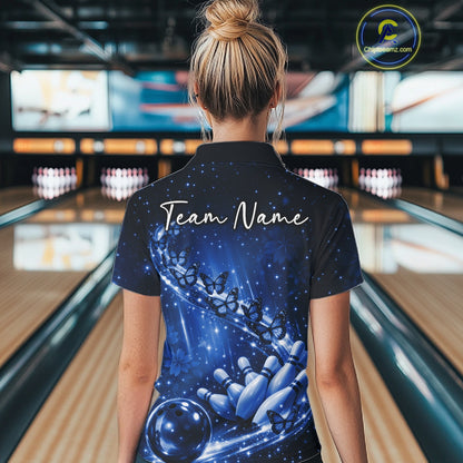 Custom Blue Butterfly Bowling Women Polo Team Shirt, Ladies Bowling League Shirt IPHW10902