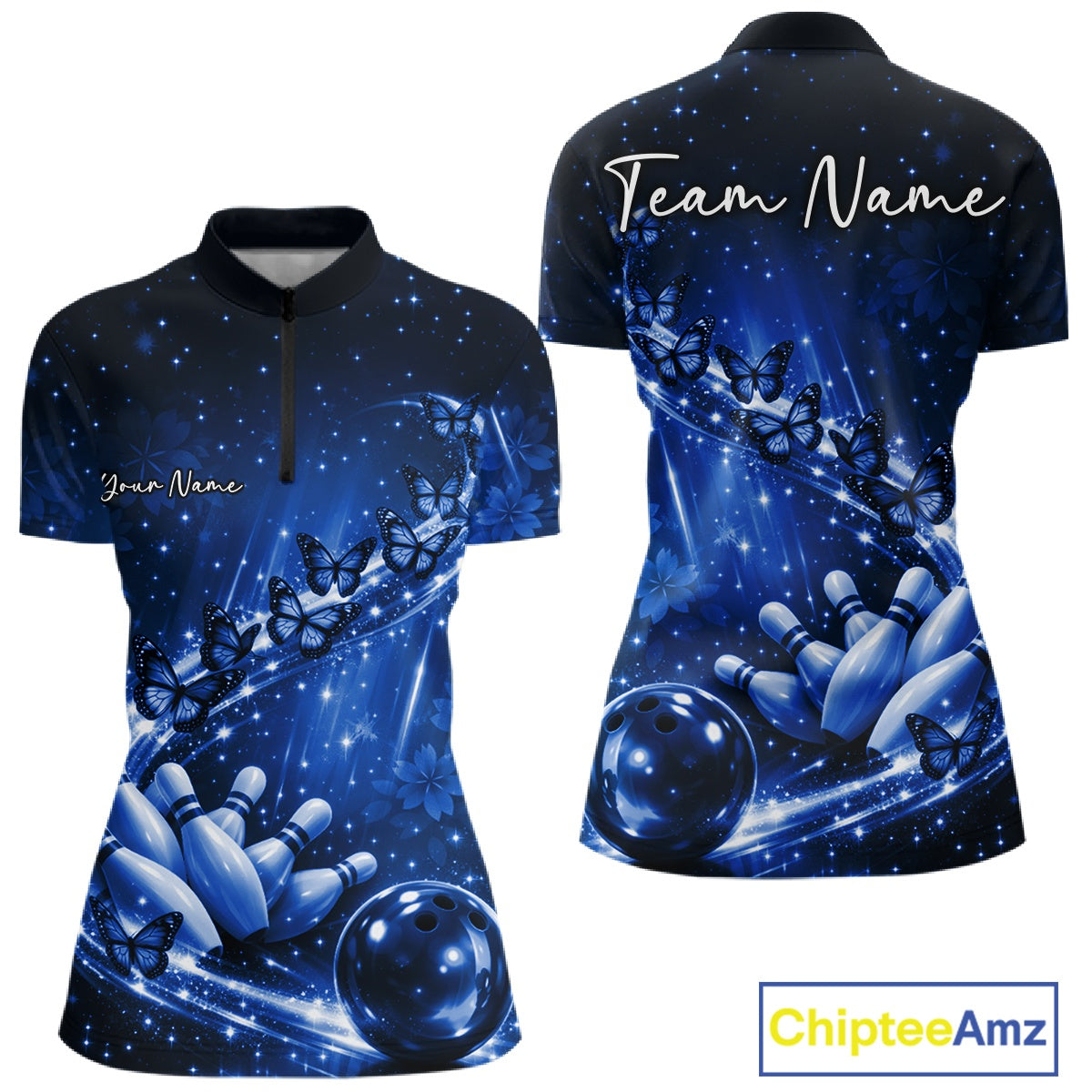 Custom Blue Butterfly Bowling Women Quarter-Zip Team Shirt, Ladies Bowling League Shirt IPHW10902