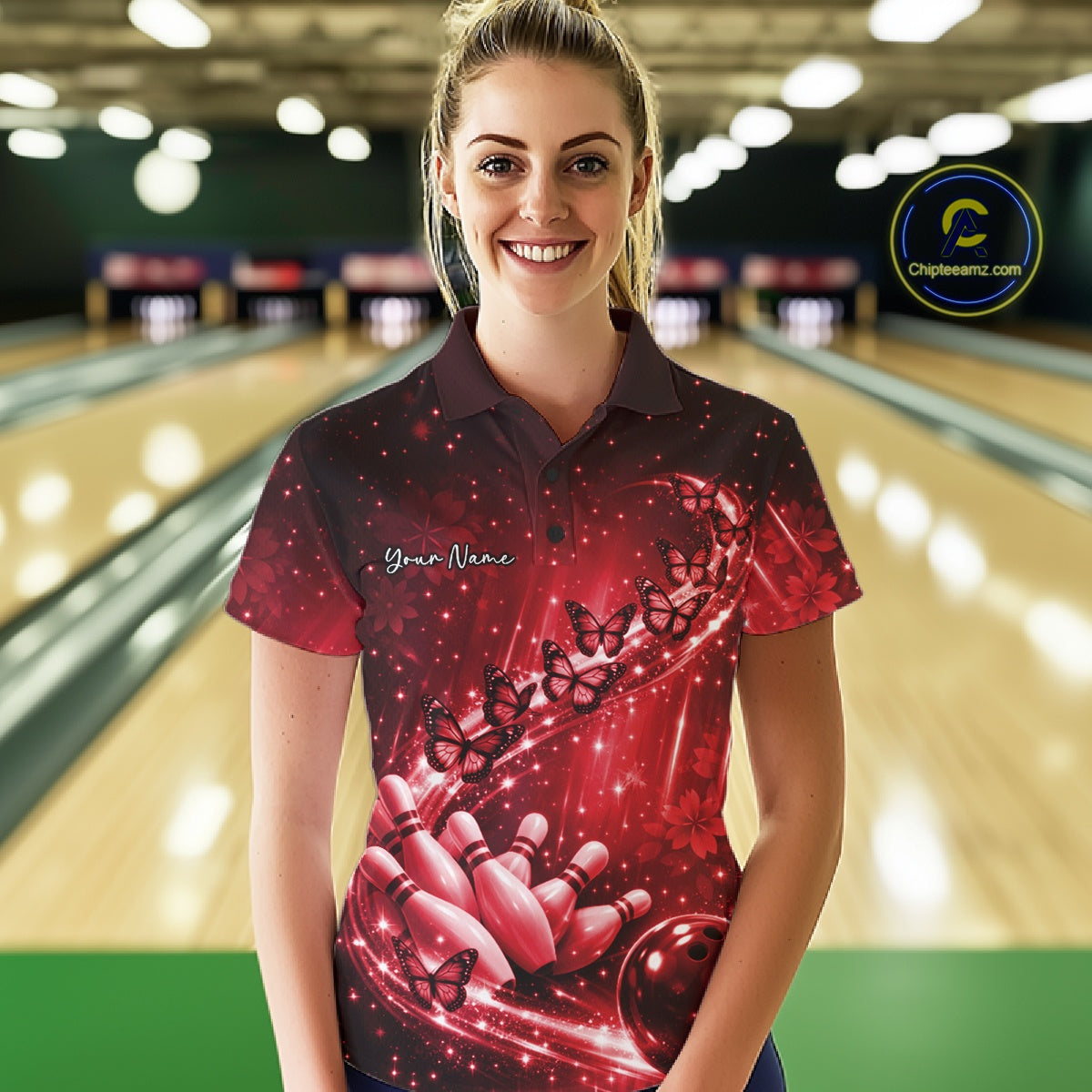 Custom Red Butterfly Bowling Women Polo Team Shirt, Ladies Bowling League Shirt IPHW10903