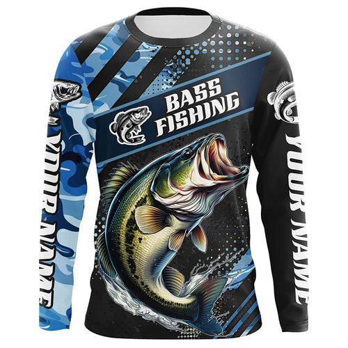 Personalized Blue Camo Bass Fishing Jerseys, Largemouth Bass Long Sleeve Tournament Fishing Shirts IPHW6329