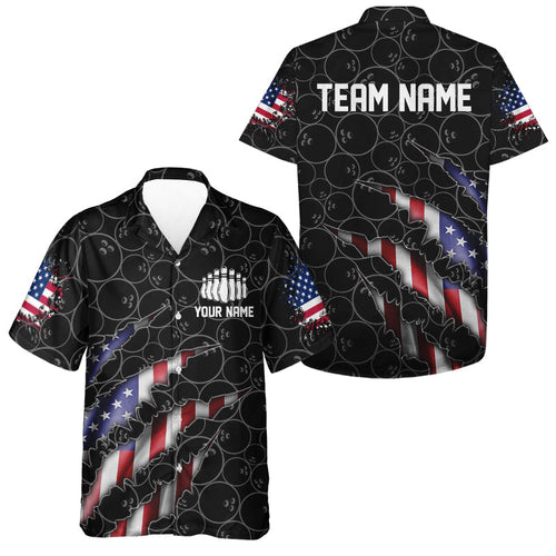 Custom Black Bowling Ball Pattern Shirt, Patriotic US Flag Bowling Hawaiian Shirt For Men IPHW6778