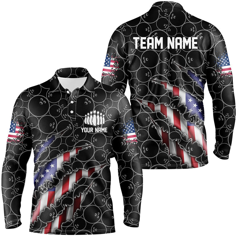 Custom Patriotic Long Sleeve Bowling Shirts For Men, American Flag Bowling Uniform Bowlers | Black IPHW6778