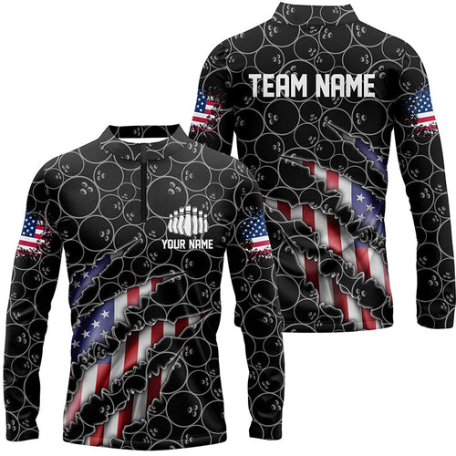 Custom Patriotic Long Sleeve Bowling Shirts For Men, American Flag Bowling Uniform Bowlers | Black IPHW6778