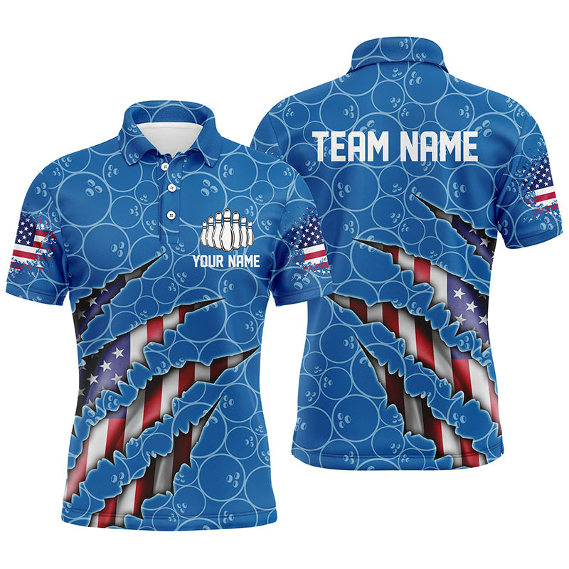 Custom Patriotic Bowling Shirts For Men, American Flag Bowling Uniform Bowlers Outfit | Blue IPHW6779