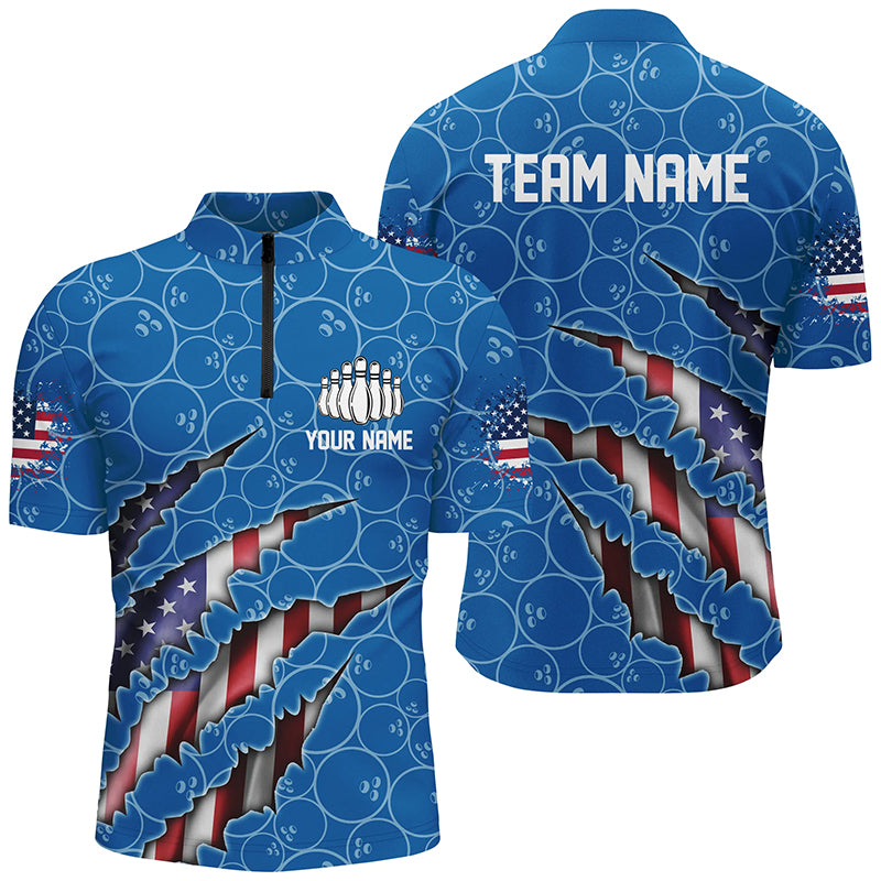 Custom Patriotic Bowling Zip Shirts For Men, American Flag Bowling Uniform Bowlers Outfit | Blue IPHW6779