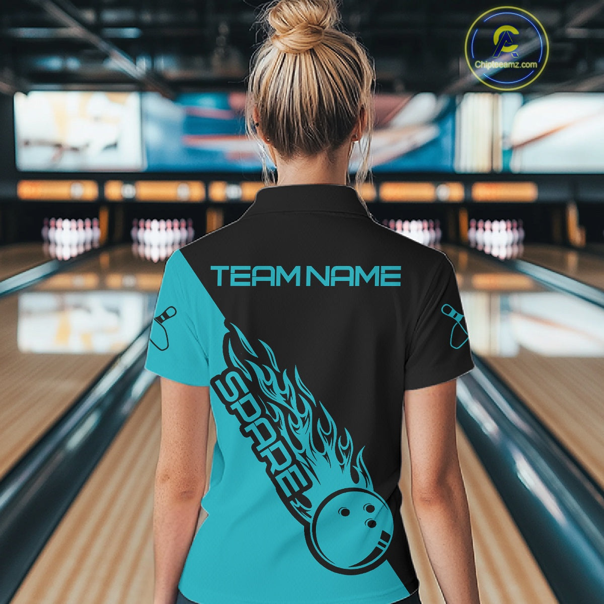 Custom Black And Blue Flame Spare Bowling Women Shirts, Bowling Team League Jerseys IPHW10689