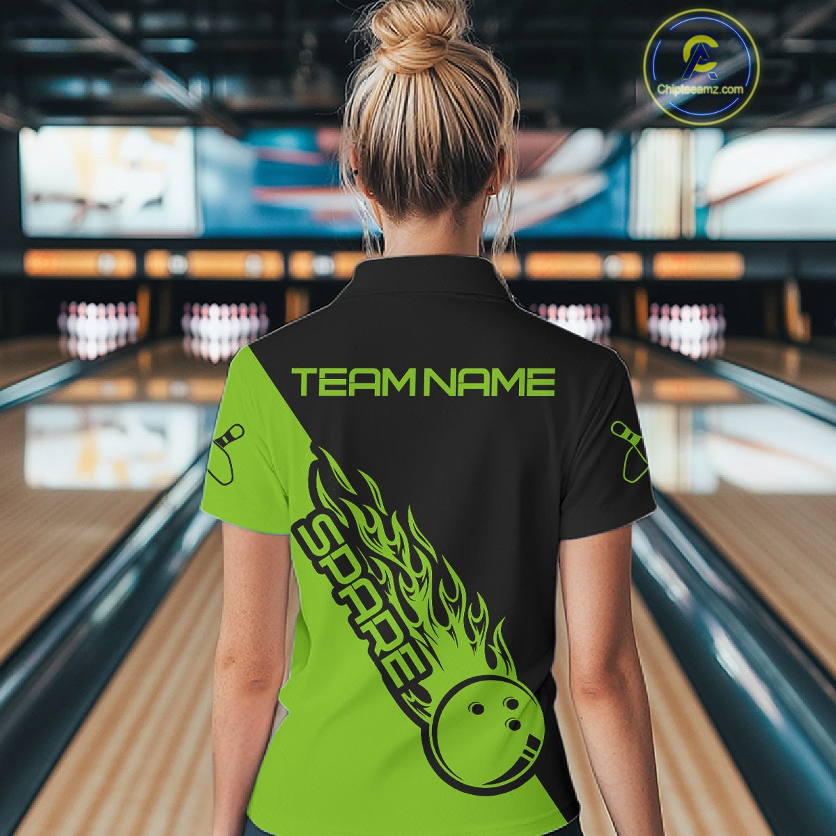 Custom Black And Green Flame Spare Bowling Women Shirts, Bowling Team League Jerseys IPHW10690