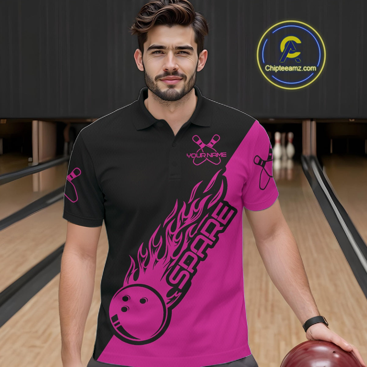 Custom Black And Pink Flame Spare Bowling Men Shirts, Bowling Team League Jerseys IPHW10691