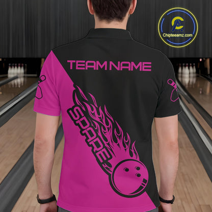 Custom Black And Pink Flame Spare Bowling Men Shirts, Bowling Team League Jerseys IPHW10691