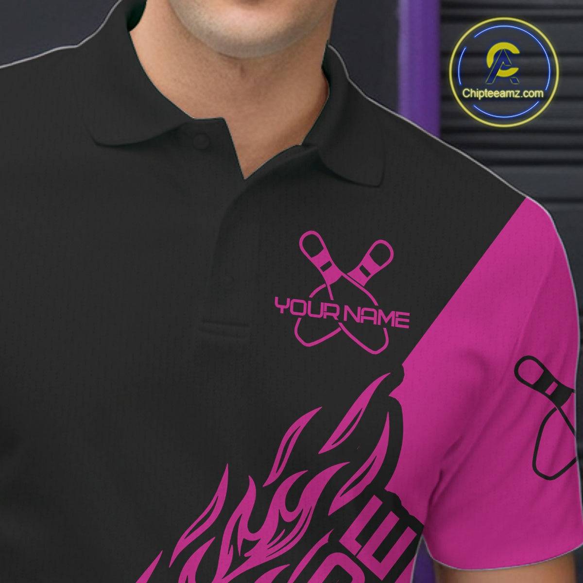 Custom Black And Pink Flame Spare Bowling Men Shirts, Bowling Team League Jerseys IPHW10691