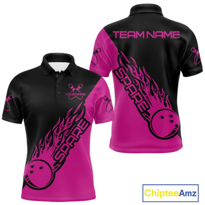 Custom Black And Pink Flame Spare Bowling Men Shirts, Bowling Team League Jerseys IPHW10691