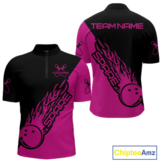 Custom Black And Pink Flame Spare Bowling Men Shirts, Bowling Team League Jerseys IPHW10691