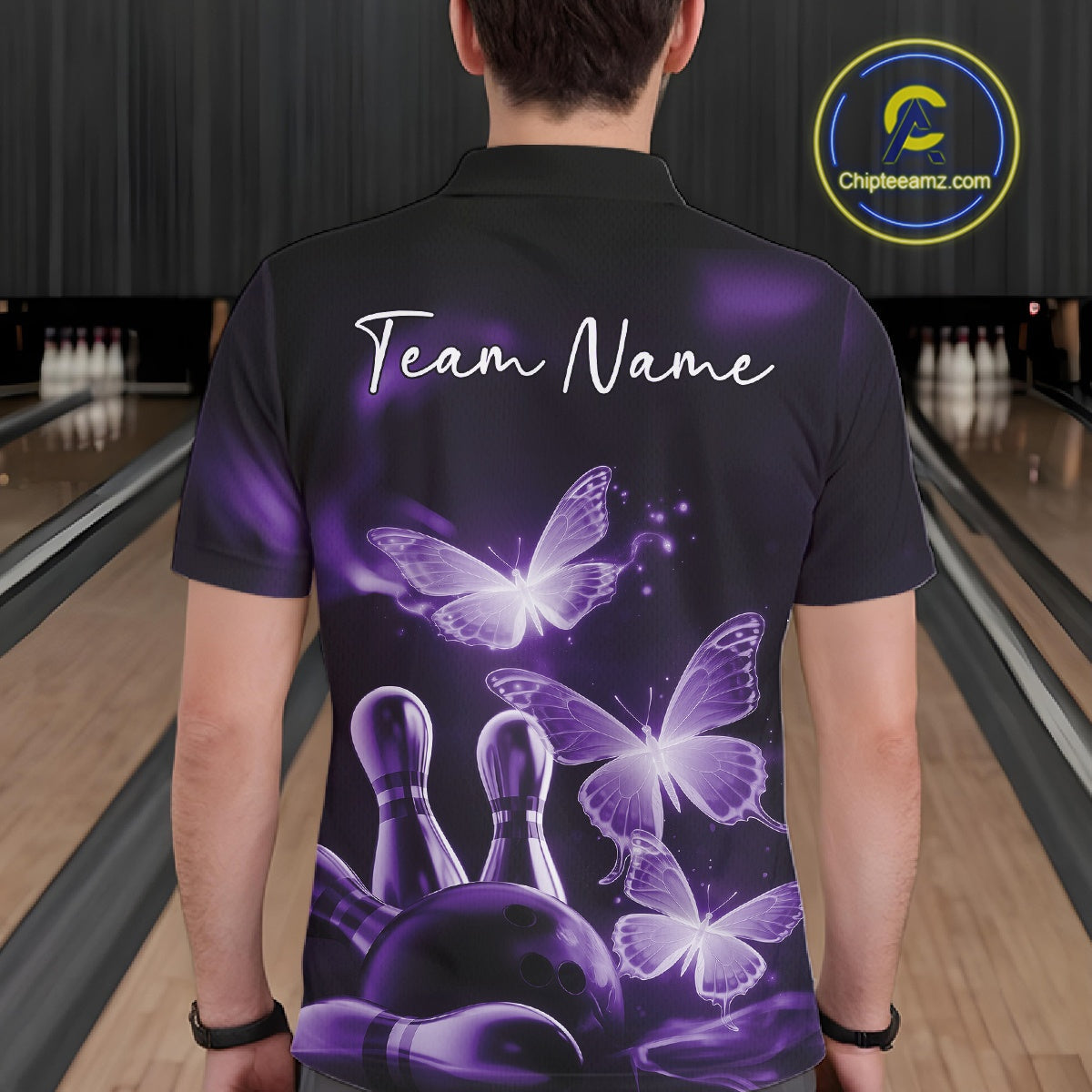 Custom Purple Butterfly Bowling Polo Shirts For Men, Bowling Team Shirt With Butterflies IPHW10700