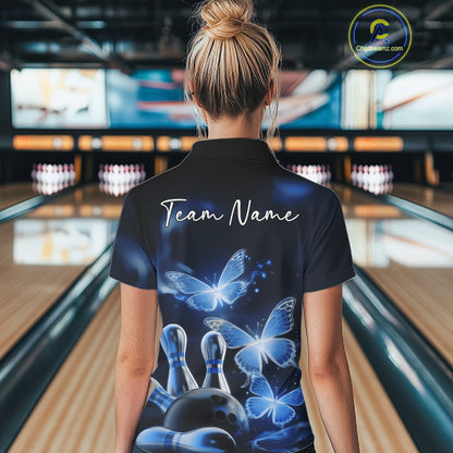 Custom Blue Butterfly Bowling Polo Shirts For Women, Bowling Team Shirt With Butterflies IPHW10701