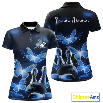 Custom Blue Butterfly Bowling Polo Shirts For Women, Bowling Team Shirt With Butterflies IPHW10701
