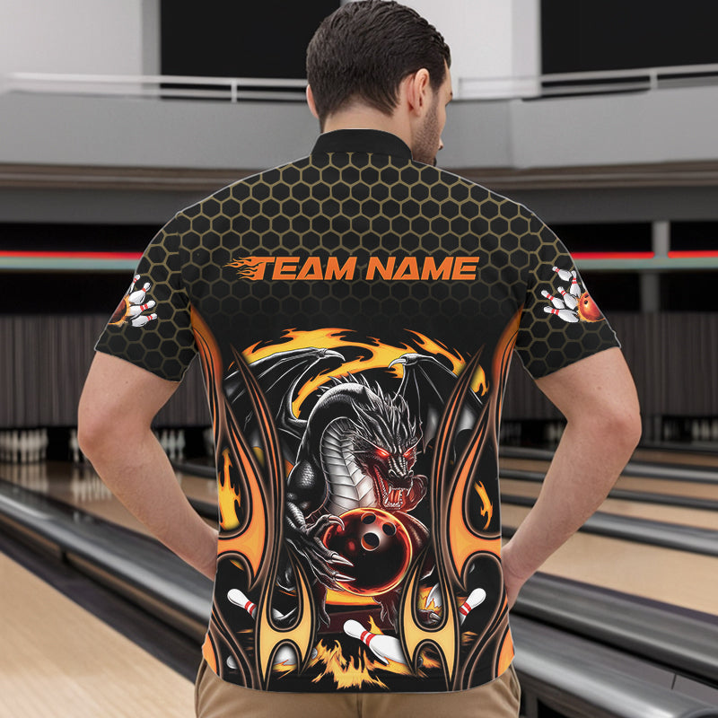 Custom Black And Yellow Flame Dragon Bowling Men Quarter-Zip Shirts, Team Bowling League Shirt IPHW8839