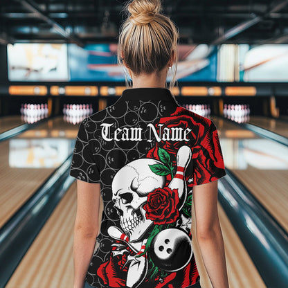 Custom Red Roses And Skull Bowling Quarter-Zip Shirts For Women, Team Bowling League Shirt IPHW8842